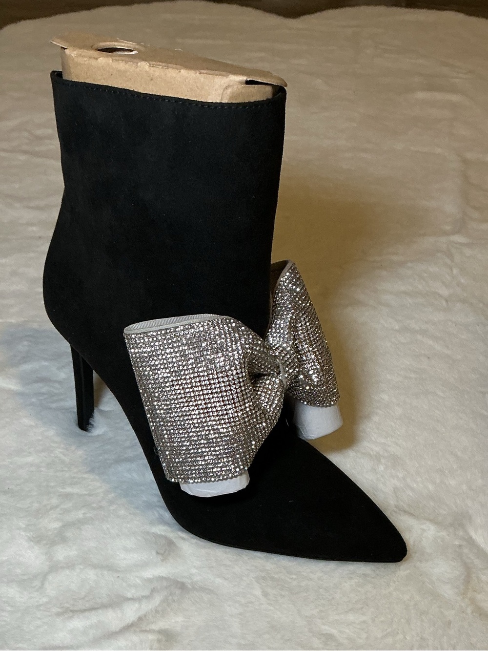 Women's Black Suede Pointed Toe Ankle Boot with Silver Rhinestone Bow